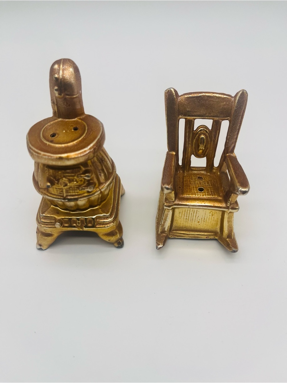 Brass Miniature Stove & Rocking Chair Salt and Pepper Shakers - Gold Tone